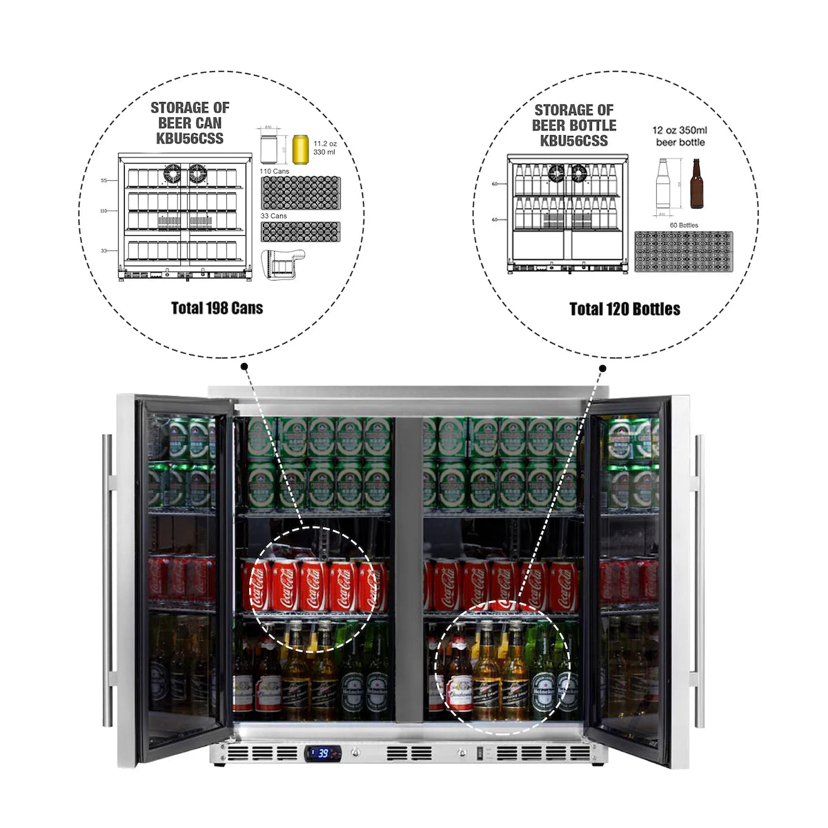 36" Wide Heating Glass 2 Door Built In Beverage Fridge (KBU56M)