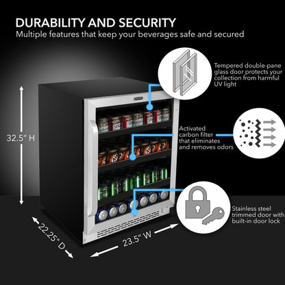 24″ Wide Built-In 140 Can Undercounter Stainless Steel Beverage Refrigerator cooler with Reversible Door, Digital Control, Lock and Carbon Filter (BBR-148SB)