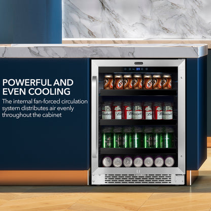 24″ Wide Built-In 140 Can Undercounter Stainless Steel Beverage Refrigerator cooler with Reversible Door, Digital Control, Lock and Carbon Filter (BBR-148SB)