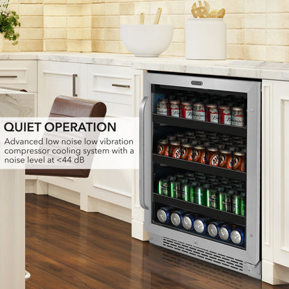 24″ Wide Built-In 140 Can Undercounter Stainless Steel Beverage Refrigerator cooler with Reversible Door, Digital Control, Lock and Carbon Filter (BBR-148SB)