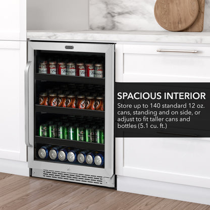 24″ Wide Built-In 140 Can Undercounter Stainless Steel Beverage Refrigerator cooler with Reversible Door, Digital Control, Lock and Carbon Filter (BBR-148SB)