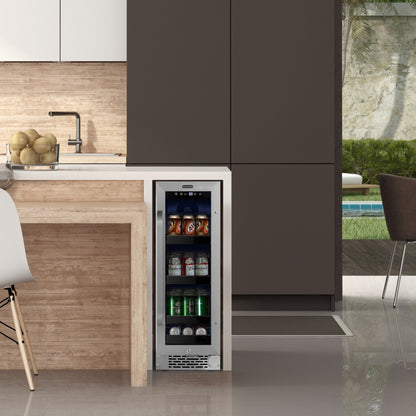 12″ Wide Built-In 60 Can Undercounter Stainless Steel Beverage Refrigerator cooler with Reversible Door, Digital Control, Lock and Carbon Filter (BBR-638SB)