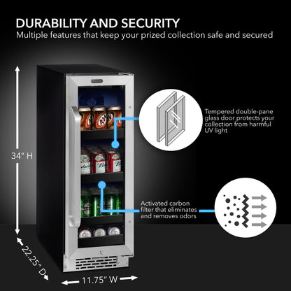 12″ Wide Built-In 60 Can Undercounter Stainless Steel Beverage Refrigerator cooler with Reversible Door, Digital Control, Lock and Carbon Filter (BBR-638SB)