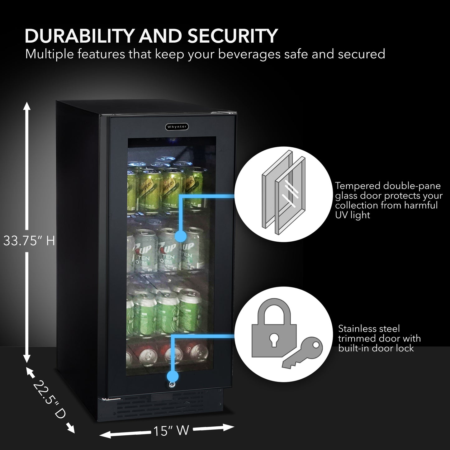 15″ Wide Built-in/Freestanding Black Glass 80-can capacity 3.4 cu ft. Beverage Refrigerator (BBR-801BG)