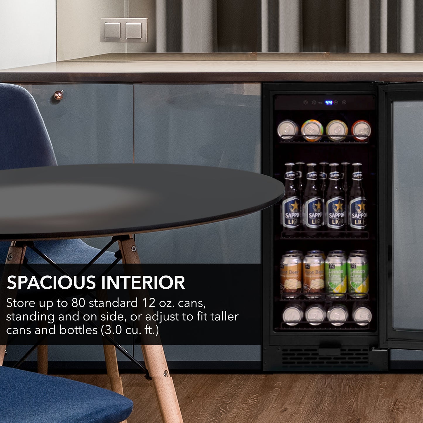 15″ Wide Built-in/Freestanding Black Glass 80-can capacity 3.4 cu ft. Beverage Refrigerator (BBR-801BG)