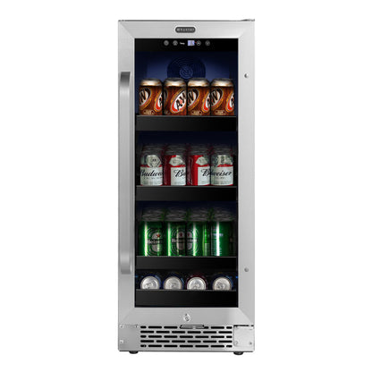 15″ Wide Built-In 80 Can Undercounter Stainless Steel Beverage Refrigerator cooler with Reversible Door, Digital Control, Lock and Carbon Filter (BBR-838SB)