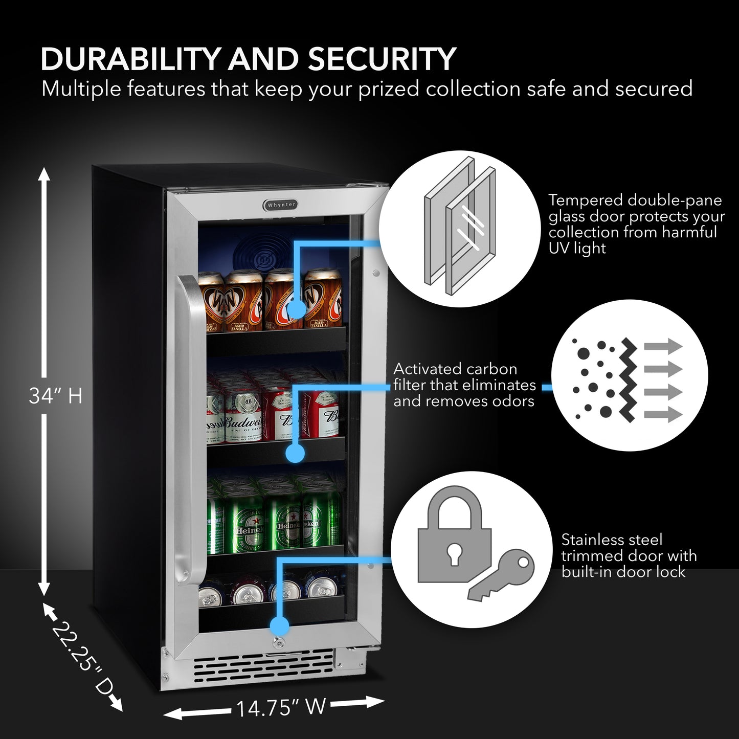 15″ Wide Built-In 80 Can Undercounter Stainless Steel Beverage Refrigerator cooler with Reversible Door, Digital Control, Lock and Carbon Filter (BBR-838SB)