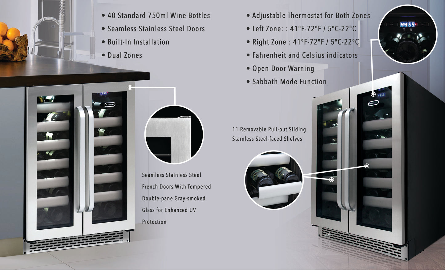 24" Wide 40 Bottle Seamless Stainless Steel Door Dual Zone Built-in Wine Refrigerator (BWR-401DS)