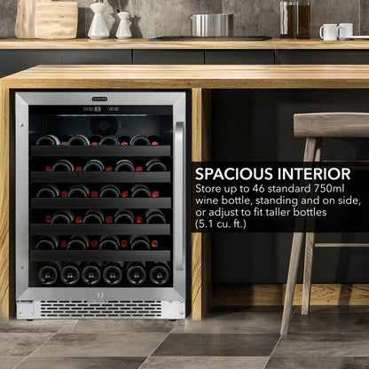 24″ Wide Built-In/Freestanding 46 Bottle Undercounter Stainless Steel Wine Refrigerator (BWR-408SB)