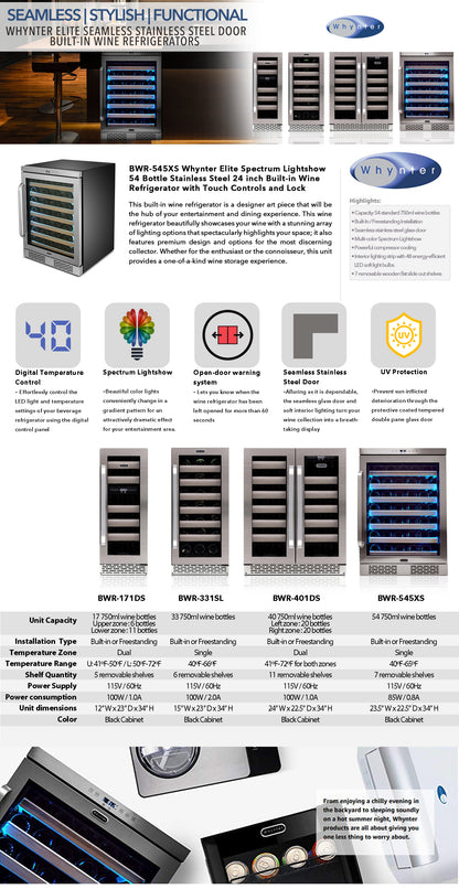 24″ Wide Built-in/Freestanding 54 Bottle Stainless Steel  Wine Refrigerator (BWR-545XS)