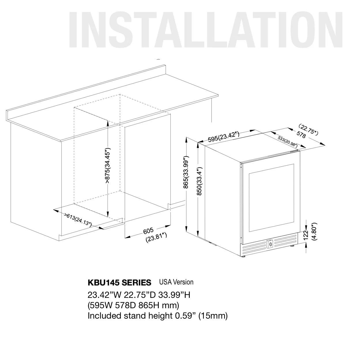 24" Wide Built-In/Freestanding Under Counter LOW-E Glass Door Beer Fridge (KBU145BX)