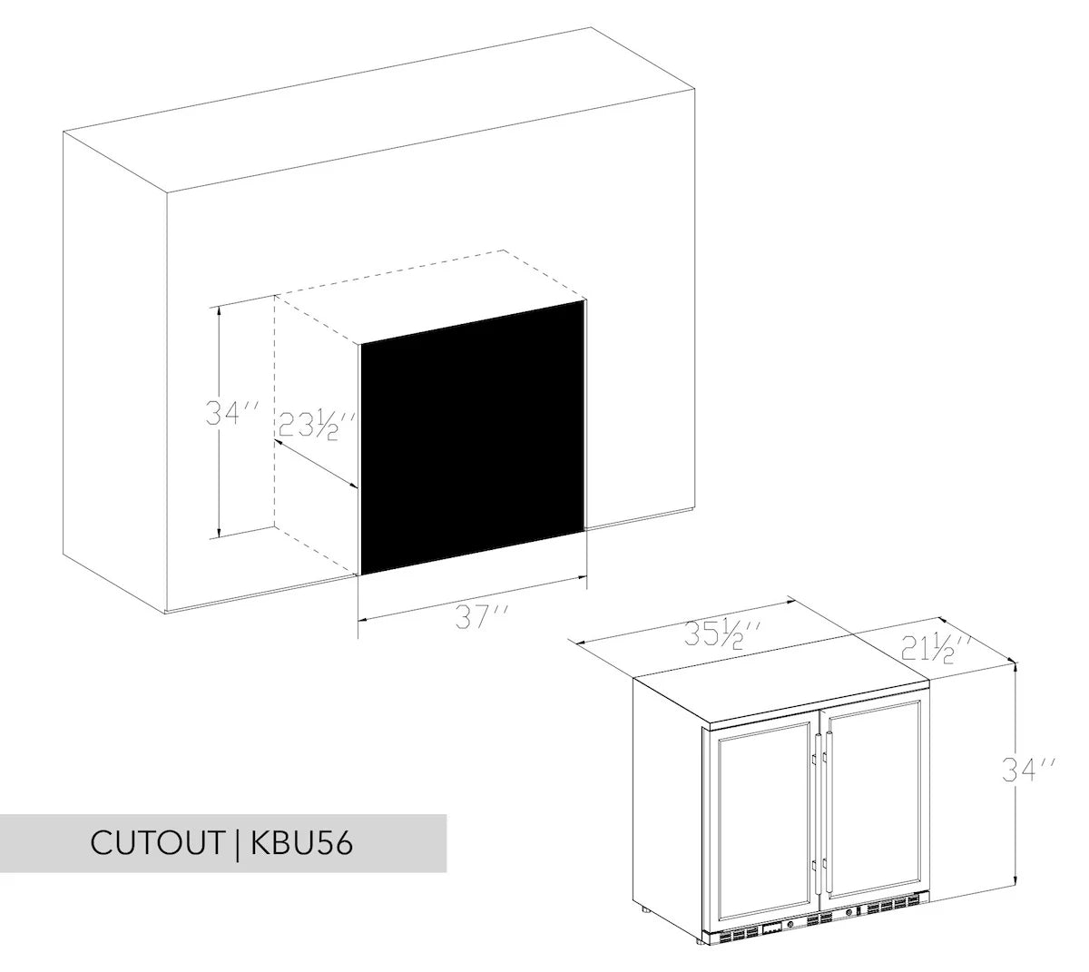 36" Wide Heating Glass 2 Door Built In Beverage Fridge (KBU56M)