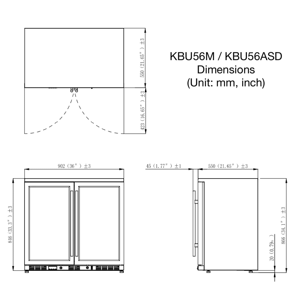 36" Wide Heating Glass 2 Door Built In Beverage Fridge (KBU56M)