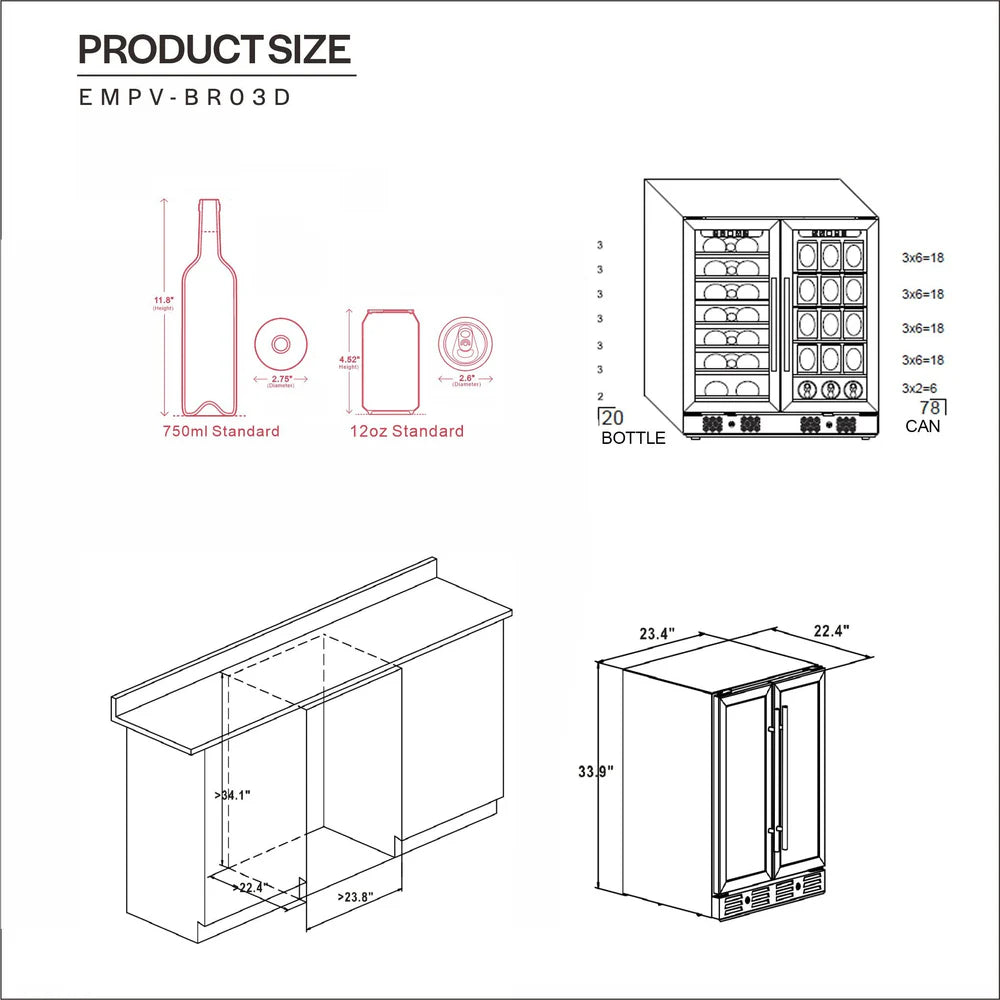 Empava 24" Dual Zone Built-in/Free-standing Wine and Beer Fridge Beverage Cooler (EMPV-BR03D)