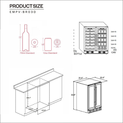 Empava 24" Dual Zone Built-in/Free-standing Wine and Beer Fridge Beverage Cooler (EMPV-BR03D)