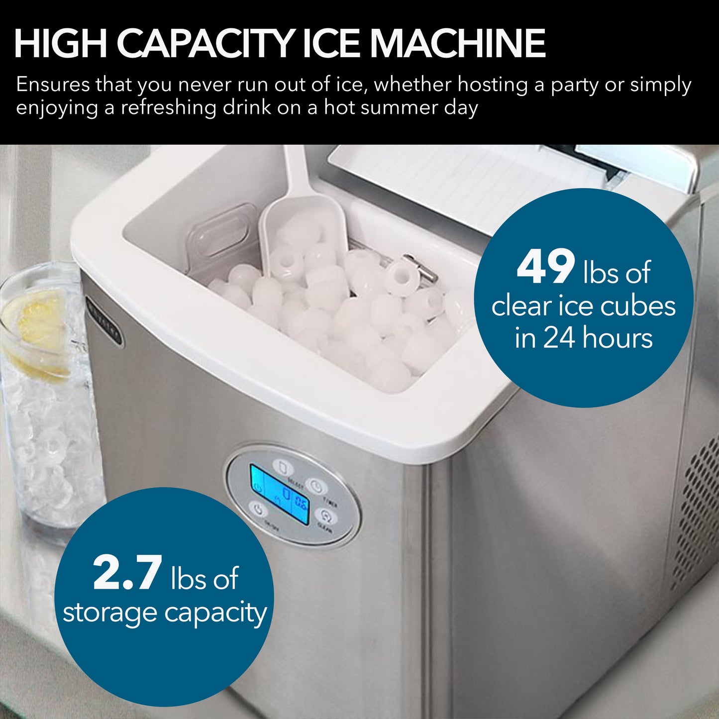 49lb Capacity Portable Stainless Steel Ice Maker with Water Connection (IMC-491DC)