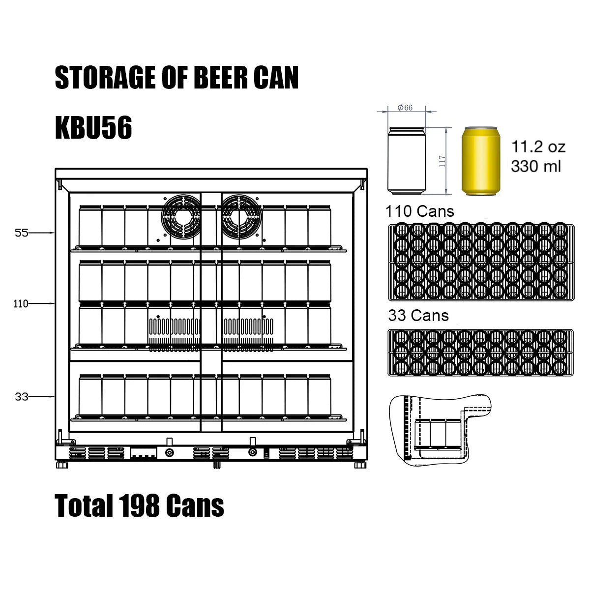 36" Wide Heating Glass 2 Door Built In Beverage Fridge (KBU56M)