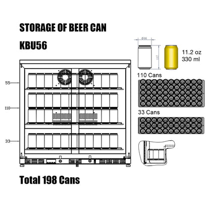 36" Wide Heating Glass 2 Door Built In Beverage Fridge (KBU56M)