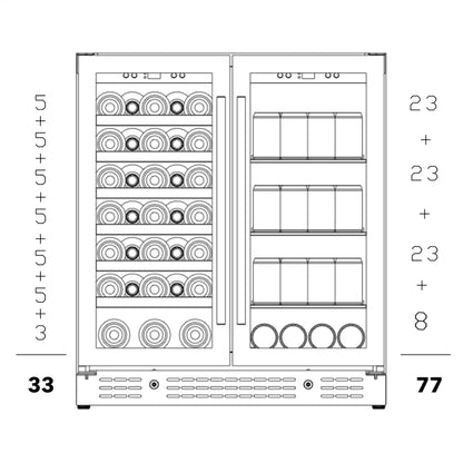 30" Wide Built-In or Freestanding Combination Beer and Wine Cooler with Low-E Glass Door (KBU165BW)